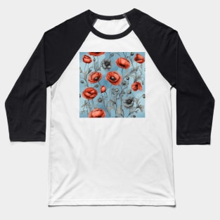 Peachy Red and Ash Poppies Floral Pattern on Dusty Sky Blue Baseball T-Shirt